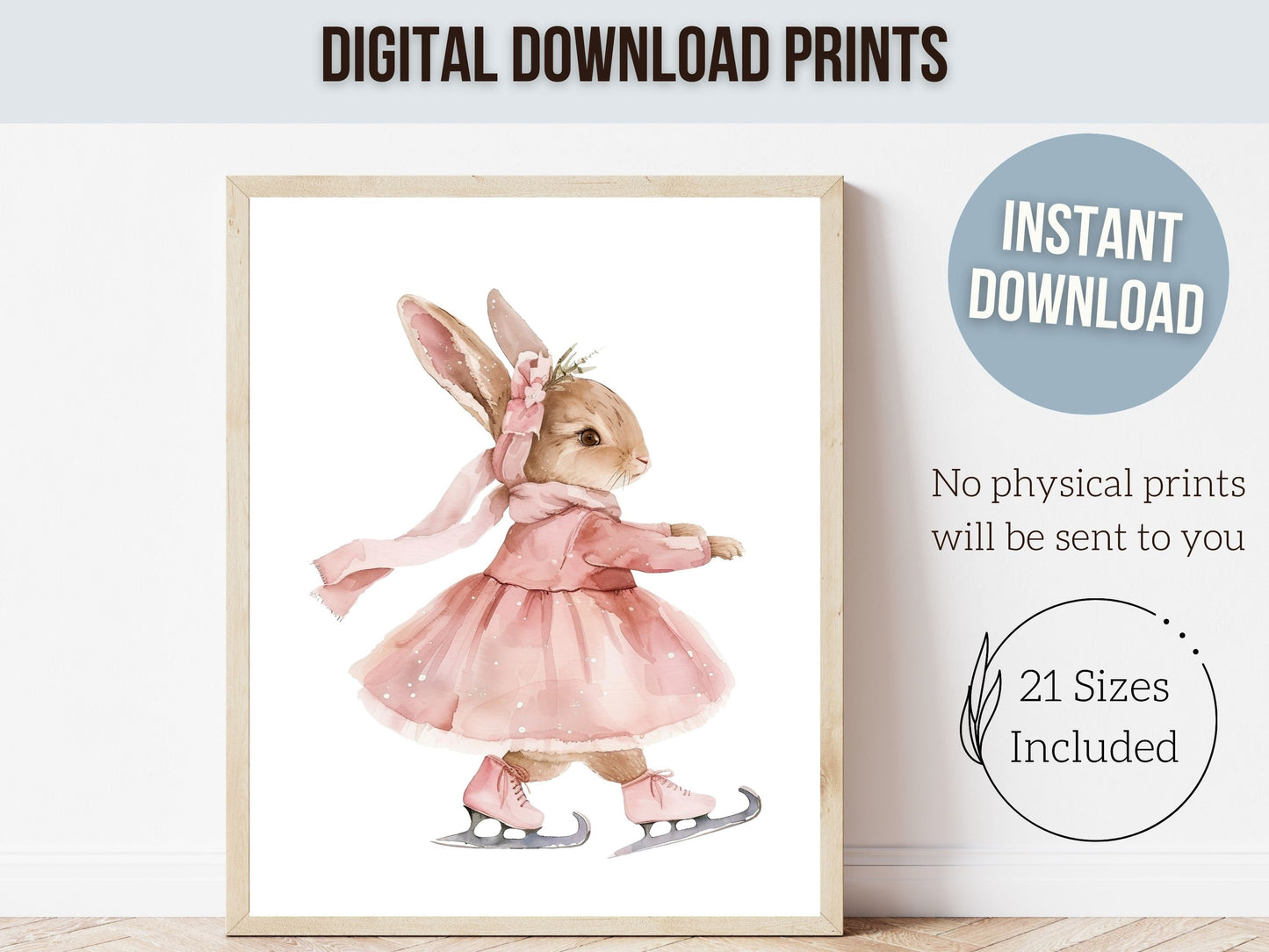 Figure Skating Print, Baby Girl's Bunny Nursery Prints, Ballerina Bunny Nursery Decor, Ice Skating Gift Girls Sport Room Decor Digital Print