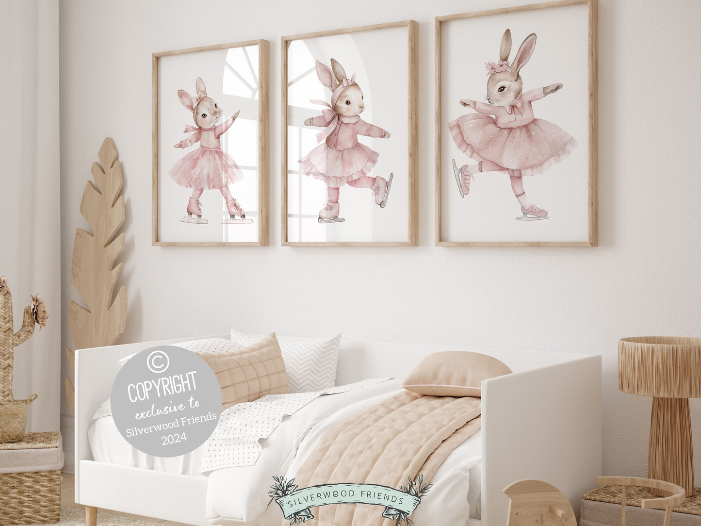 Adorn your little girls nursery with our gorgeous Figure Skating Bunny Nursery Prints Set of 3, featuring charming pale pink ice skating bunny rabbits. This artwork also makes a delightful baby shower gift for future figure skaters!