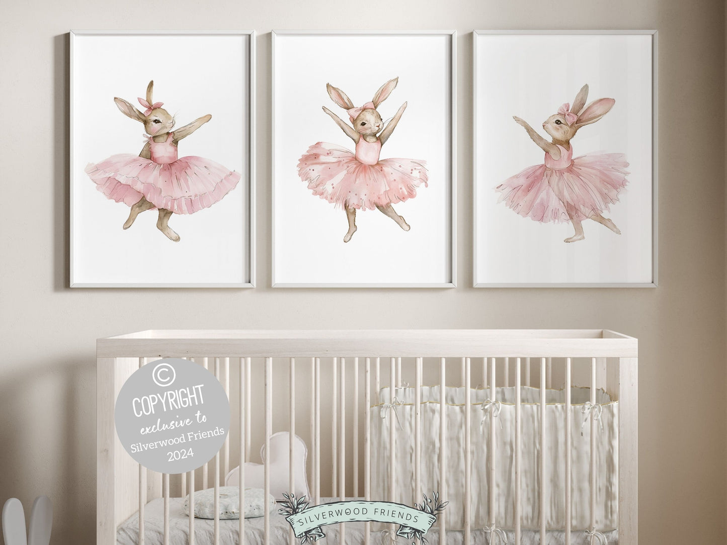 Our gorgeous Bunny Ballet Nursery Prints with ballerina bunny rabbits in pale pink tutus, are perfect for your little girls ballet nursery decor and also makes a unique ballet baby shower gift.