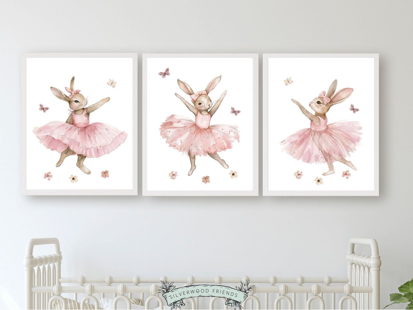 Baby Girl's Ballet Bunny Nursery Prints, Baby Girl Ballerina Bunny Nursery Decor, Ballerina Bunny Wildflower Nursery Wall Art Digital Prints