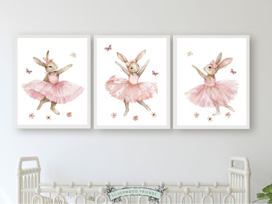 Baby Girl's Ballet Bunny Nursery Prints, Baby Girl Ballerina Bunny Nursery Decor, Ballerina Bunny Wildflower Nursery Wall Art Digital Prints
