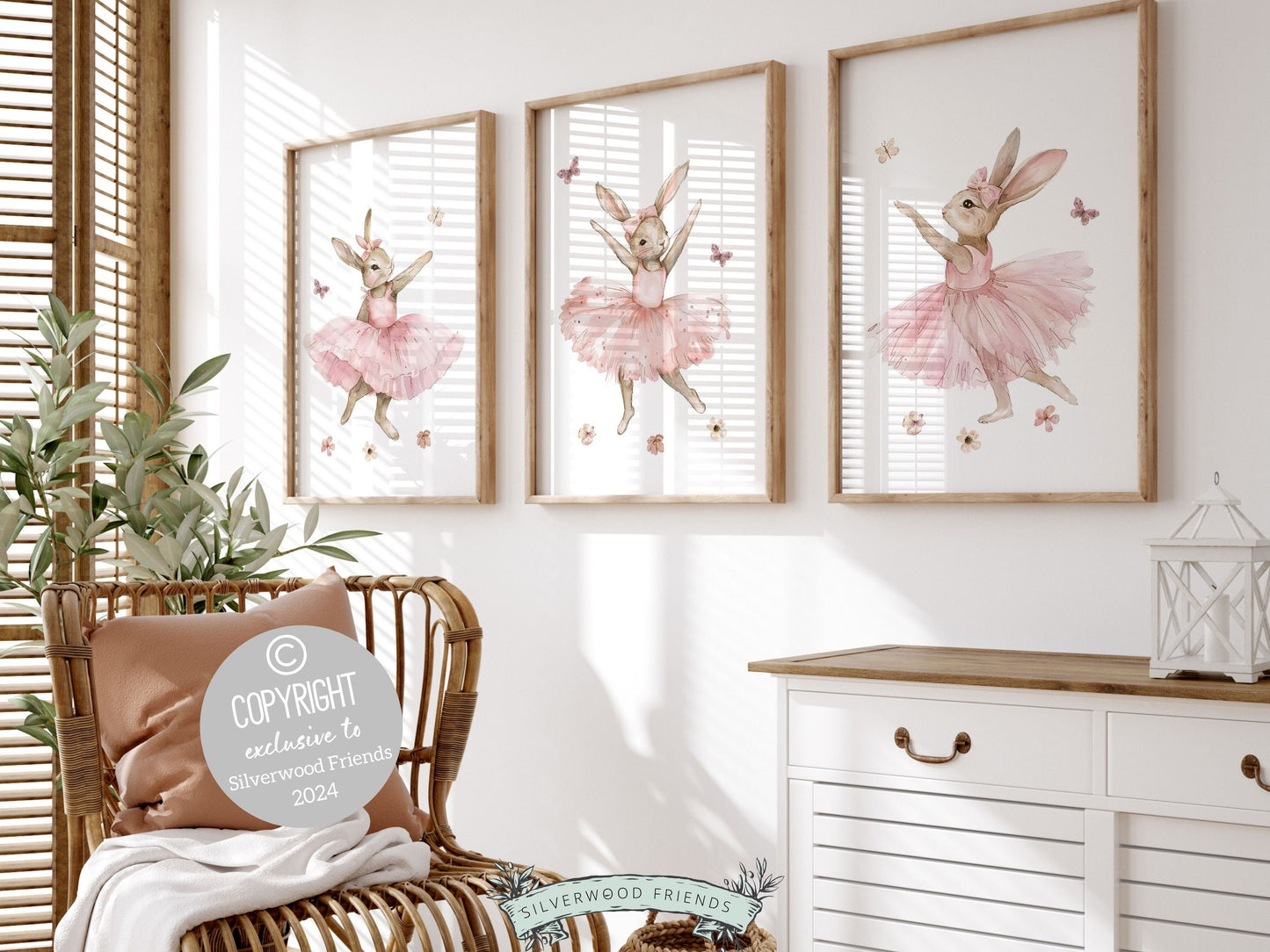 Baby Girl's Ballet Bunny Nursery Prints, Baby Girl Ballerina Bunny Nursery Decor, Ballerina Bunny Wildflower Nursery Wall Art Digital Prints