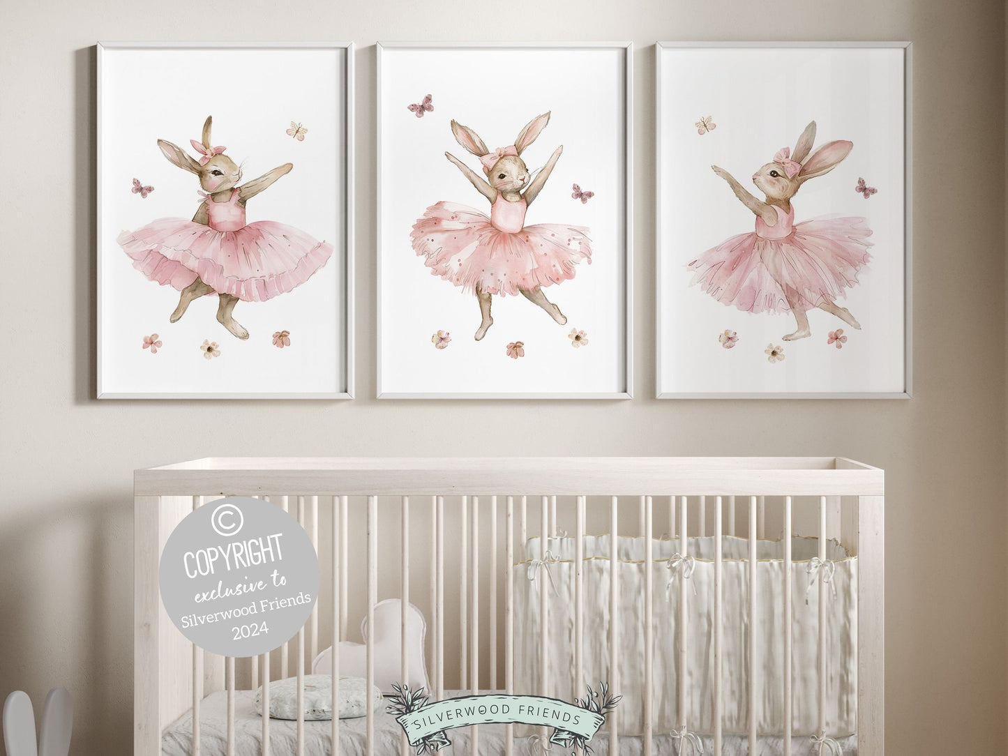 Our gorgeous Bunny Ballet Nursery Prints with ballerina bunny rabbits in pale pink tutus with wildflowers and butterflies, is perfect for your little girls ballet nursery decor and also makes a unique ballet baby shower gift.