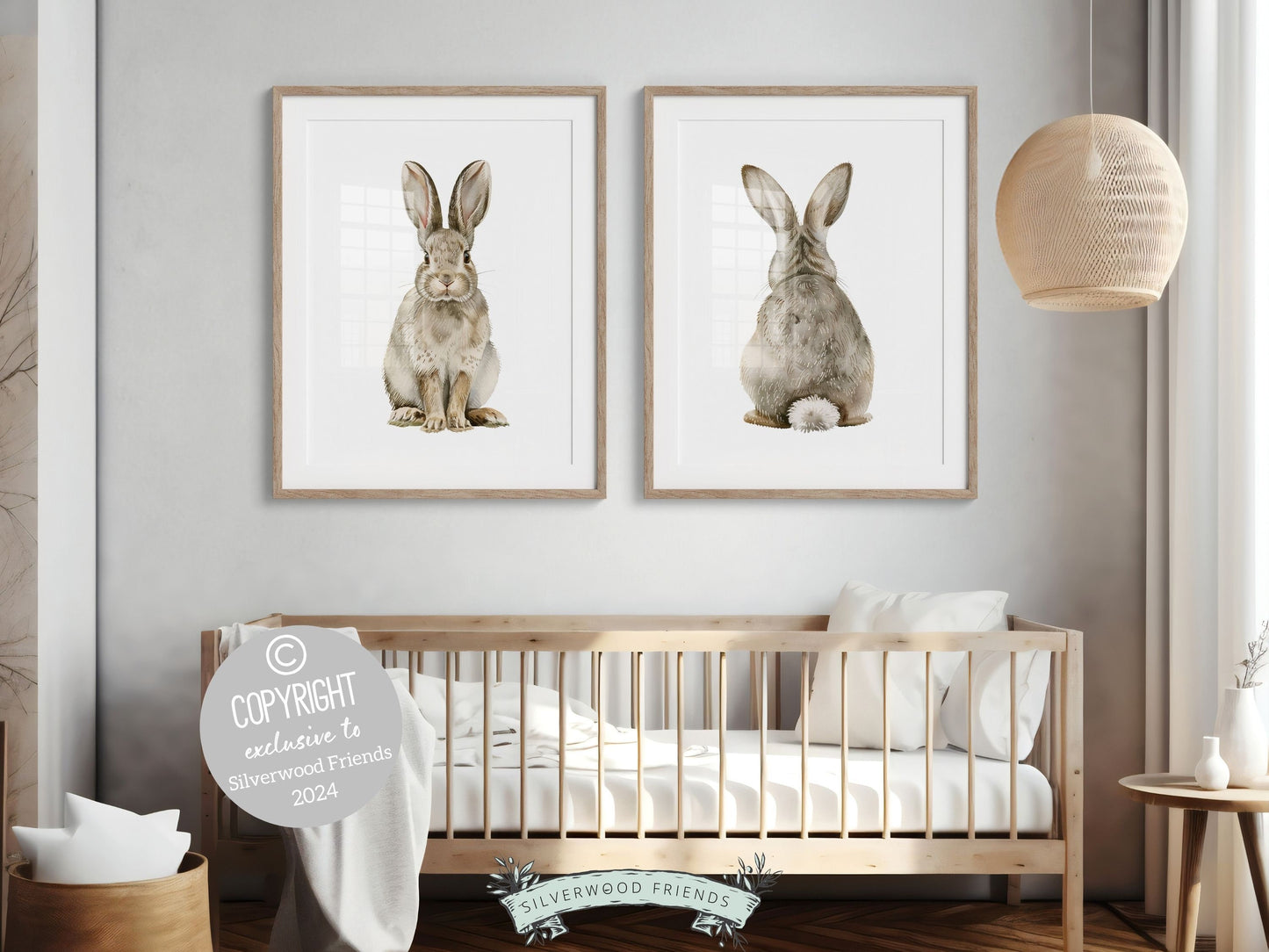 Bunny Nursery Print Set of 2, Bunny Rabbit Nursery Wall Art, Woodland Nursery Decor, Minimalist Neutral Nursery Bunny Tail Digital Print