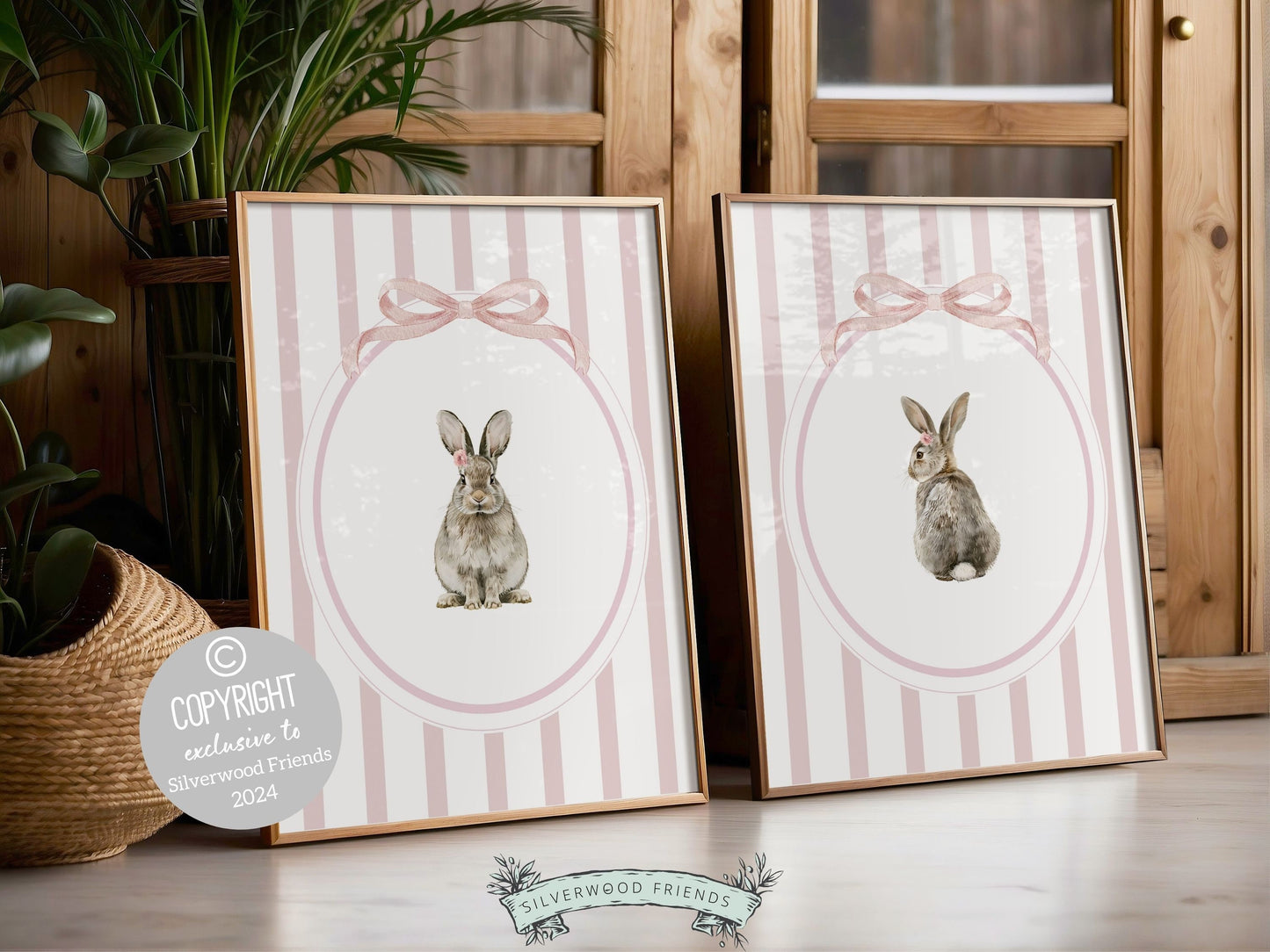 Bunny Nursery Print Set of 2, Bunny Rabbit Nursery Wall Art, Baby Girl Woodland Nursery Decor, Baby Girl Floral Bunny Nursery Digital Print