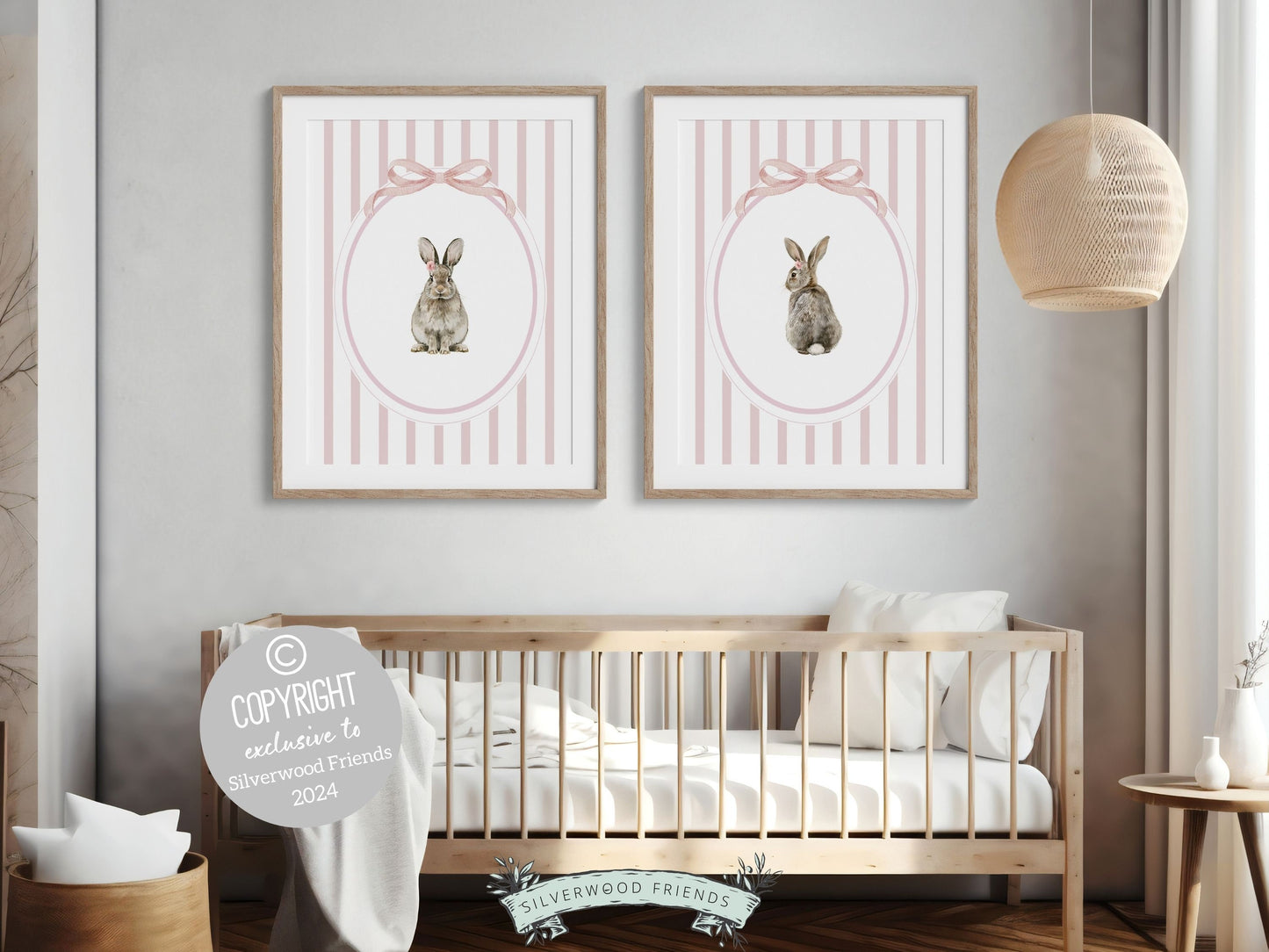 Bunny Nursery Print Set of 2, Bunny Rabbit Nursery Wall Art, Baby Girl Woodland Nursery Decor, Baby Girl Floral Bunny Nursery Digital Print