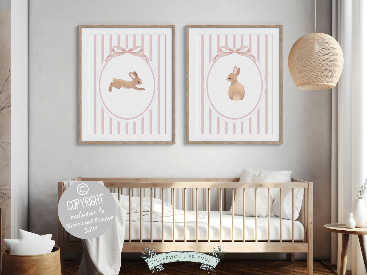 Bunny Nursery Print Set of 2, Bunny Rabbit Nursery Wall Art, Baby Girl Woodland Nursery Decor, Baby Girl Floral Bunny Nursery Digital Print