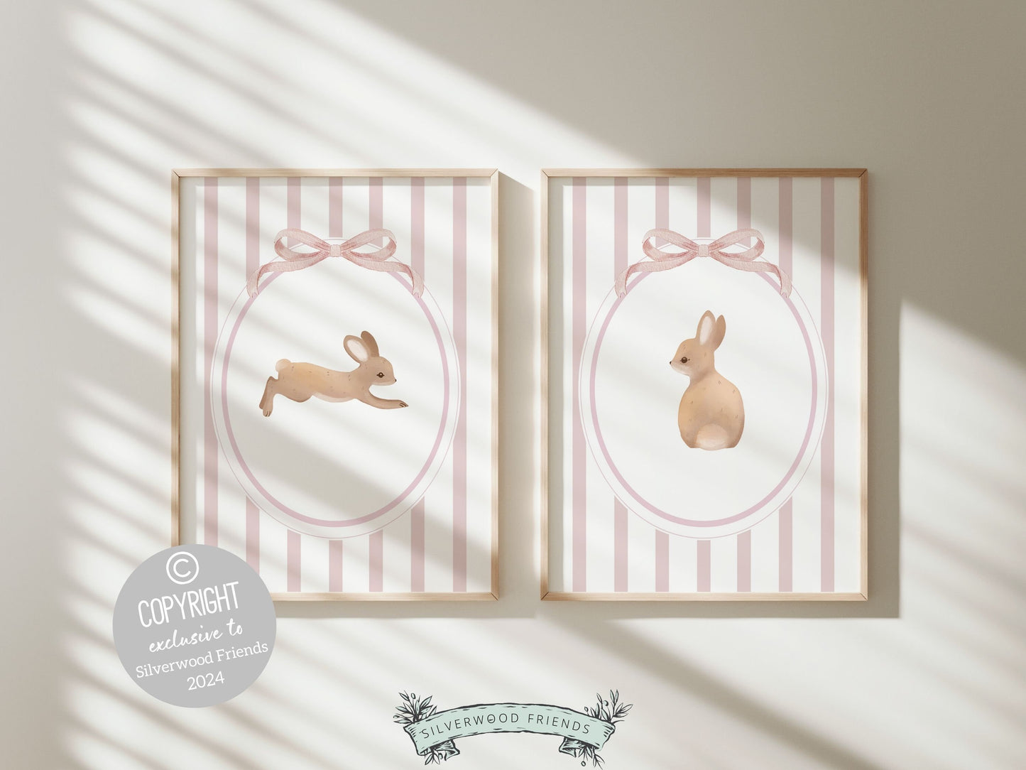 Bunny Nursery Print Set of 2, Bunny Rabbit Nursery Wall Art, Baby Girl Woodland Nursery Decor, Baby Girl Floral Bunny Nursery Digital Print