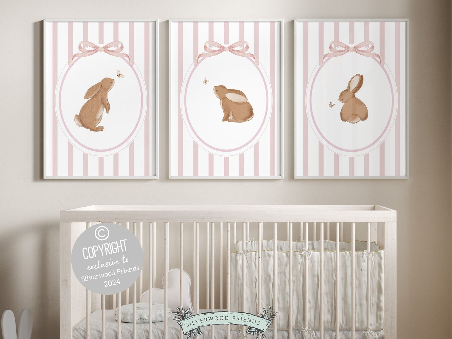 Our gorgeous baby girl Bunny Nursery Print Set of 3, showcasing adorable bunny rabbits and butterflies with pink stripes and bows, is perfect for your baby girls woodland nursery decor and makes a unique baby girl baby shower gift.