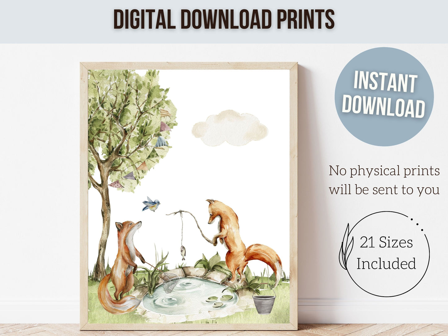 Camping Animal Nursery Prints, Woodland Fishing Nursery Decor, Fox Nursery Wall Art, Nature Nursery Picture Forest Fox Nursery Digital Print