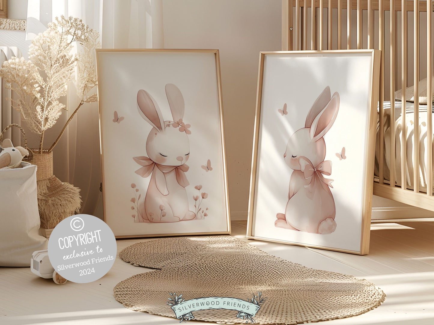 Bunny Nursery Prints, Floral Bunny Nursery Wall Art, Wildflower Nursery Decor, Girls Nursery Prints, Blush Pink Bunny Nursery Digital Prints
