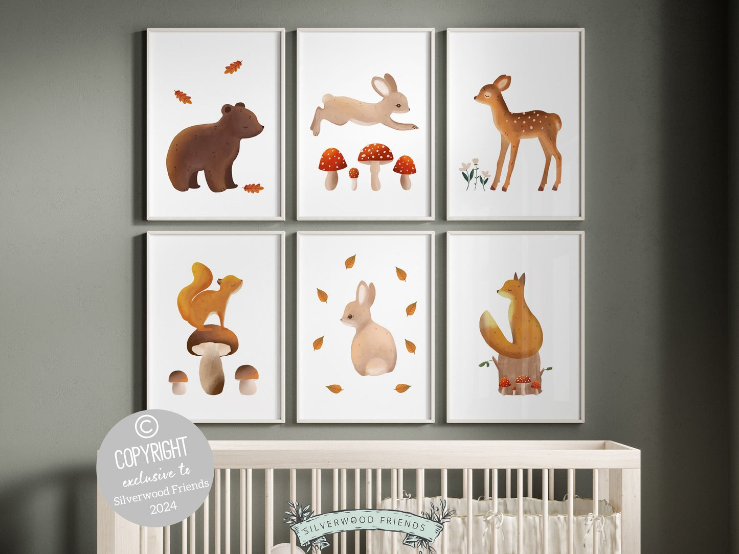 Set of 6 Woodland Nursery Prints, featuring an adorable woodland animals amidst delightful mushrooms and fall leaves — perfect for creating a whimsical atmosphere in your woodland nursery decor or as a heartwarming gender neutral baby shower gift.
