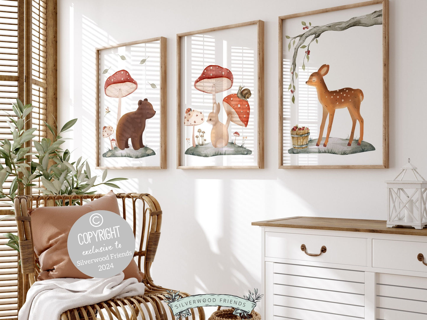 Set of 3 Woodland Nursery Prints, featuring adorable woodland animals amidst delightful mushrooms — perfect for creating a whimsical atmosphere in your woodland nursery decor or as a heartwarming gender neutral baby shower gift.
