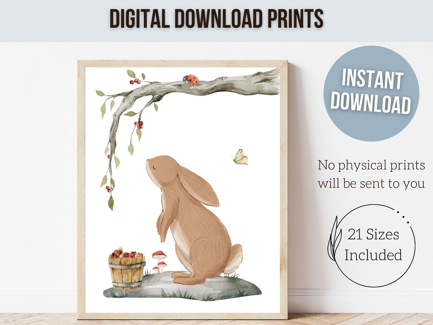 Woodland Bunny Mushroom Nursery Print, Woodland Bunny Mushroom Nursery Decor, Boho Kids Room Wall Decor Nature Nursery Theme Digital Prints