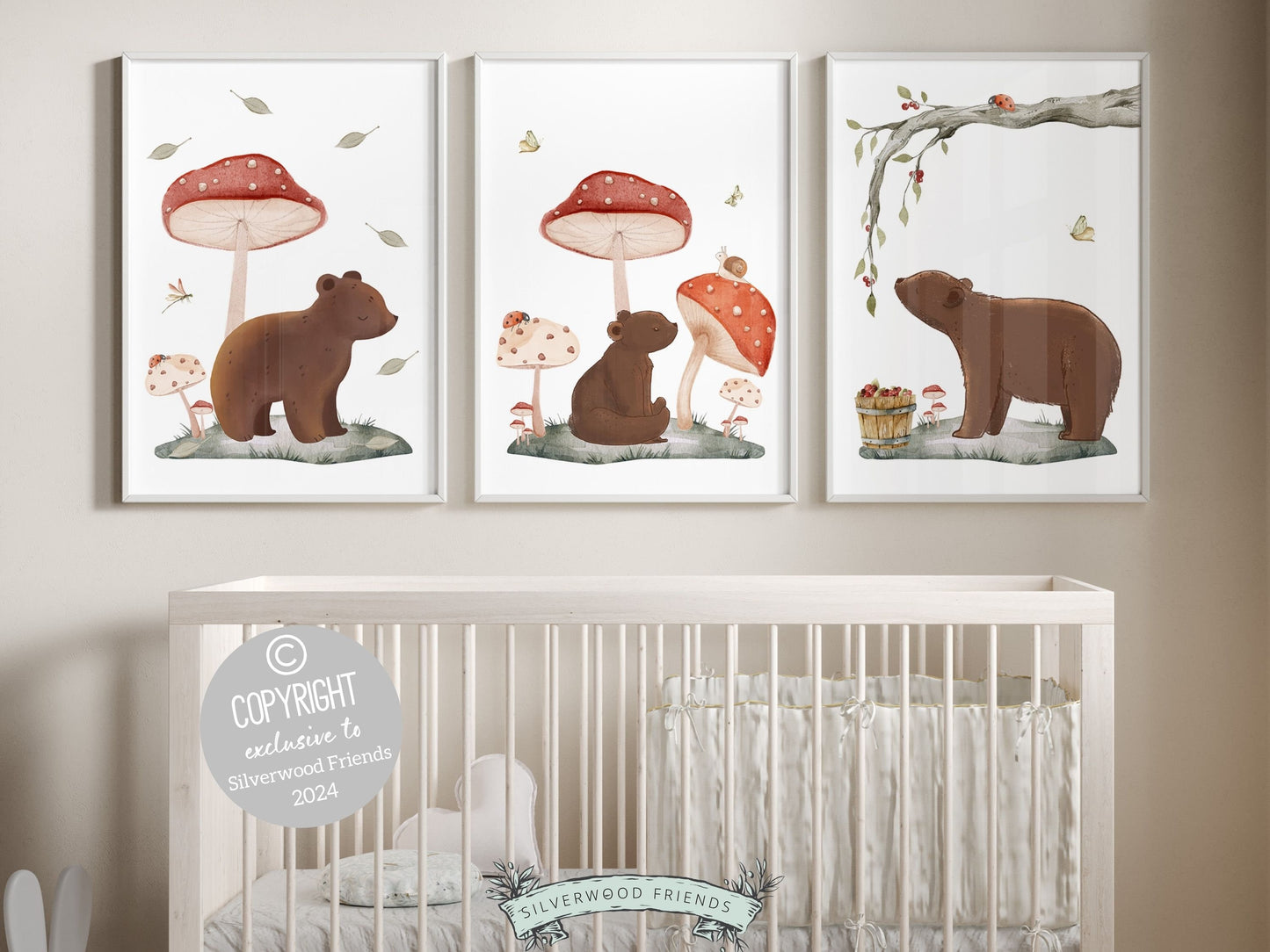et of 3 Woodland Bear Nursery Prints, featuring adorable woodland bears amidst delightful mushrooms — perfect for creating a whimsical atmosphere in your woodland nursery decor or as a heartwarming gender neutral baby shower gift.