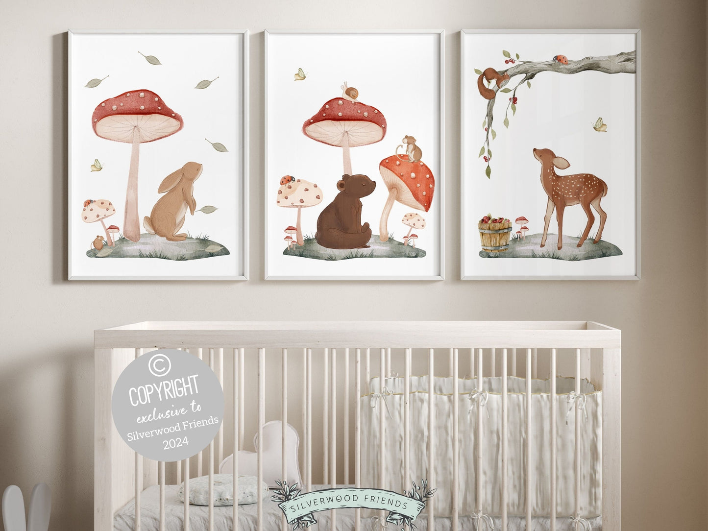 Set of 3 Woodland Nursery Prints, featuring adorable woodland animals amidst delightful mushrooms — perfect for creating a whimsical atmosphere in your woodland nursery decor or as a heartwarming gender neutral baby shower gift.