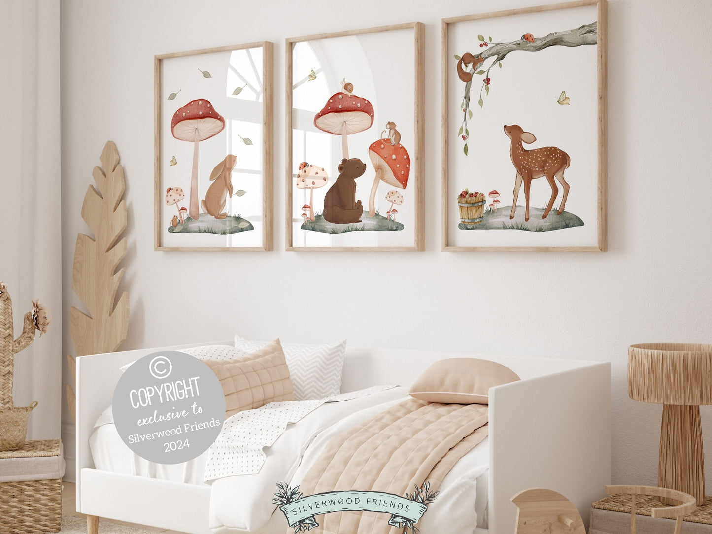 Woodland Mushroom Nursery Print, Woodland Mushroom Nursery Decor, Enchanted Forest Nature Nursery Bear Bunny Deer Fawn Nursery Digital Print