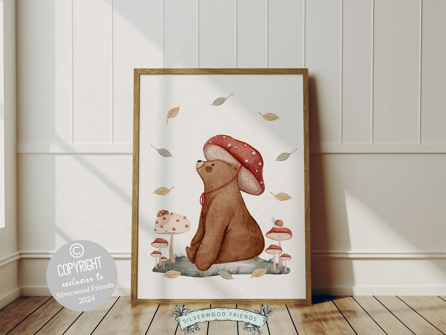 Woodland Mushroom Nursery Print, Woodland Mushroom Nursery Decor, Whimsical Woodland Bear Nursery Decor Print, Nature Nursery Digital Print