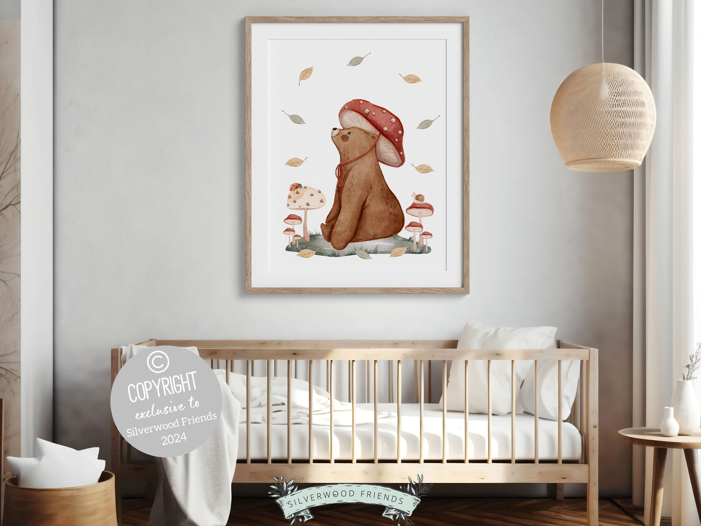 Woodland Mushroom Nursery Print, Woodland Mushroom Nursery Decor, Whimsical Woodland Bear Nursery Decor Print, Nature Nursery Digital Print