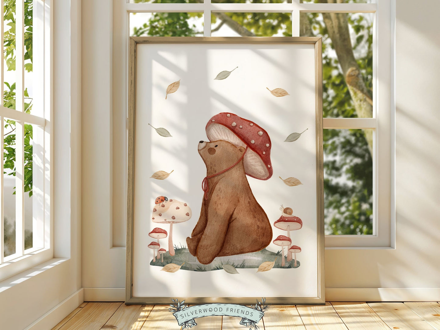 Woodland Mushroom Nursery Print, Woodland Mushroom Nursery Decor, Whimsical Woodland Bear Nursery Decor Print, Nature Nursery Digital Print