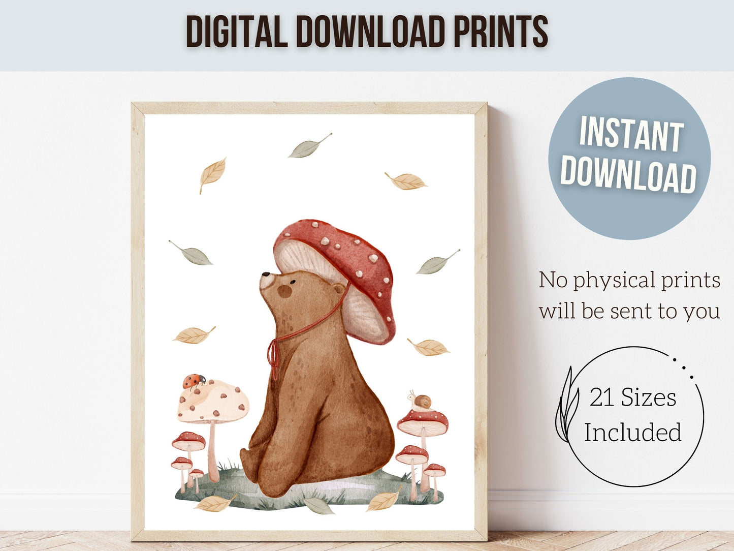 Woodland Mushroom Nursery Print, Woodland Mushroom Nursery Decor, Whimsical Woodland Bear Nursery Decor Print, Nature Nursery Digital Print