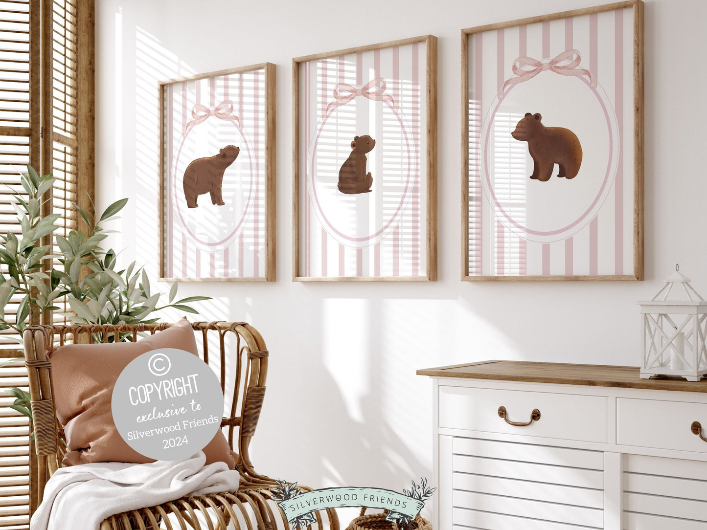 Bear Nursery Prints, Brown Bear Pink Nursery Decor, Teddy Bear Chinoiserie Nursery Wall Art, Woodland Bear Nursery Poster Digital Prints