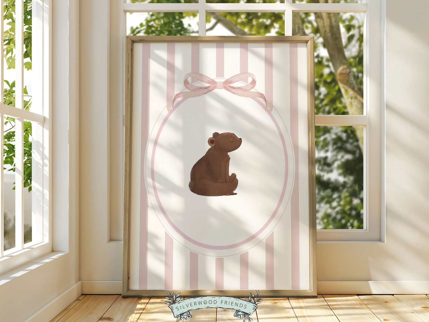 Bear Nursery Prints, Brown Bear Pink Nursery Decor, Teddy Bear Chinoiserie Nursery Wall Art, Woodland Bear Nursery Poster Digital Prints
