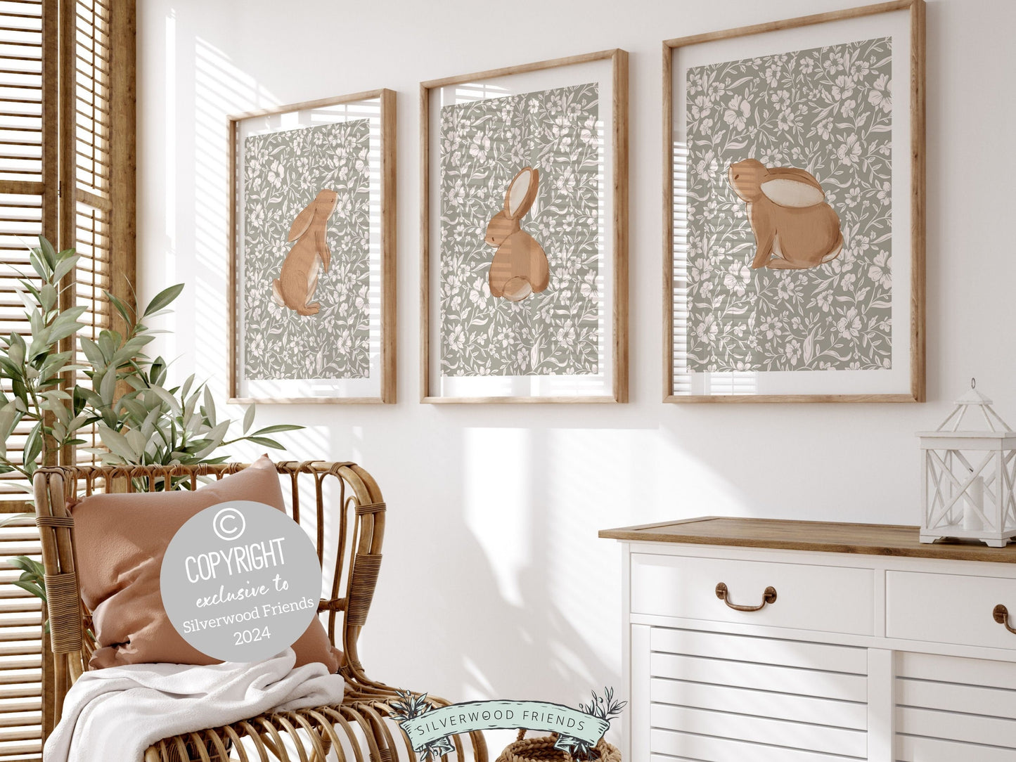 Bunny Nursery Print Set, Woodland Wildflower Bunny Nursery Decor, Floral Bunny Nursery Wall Art Printable Bunnies Wall Decor Digital Print