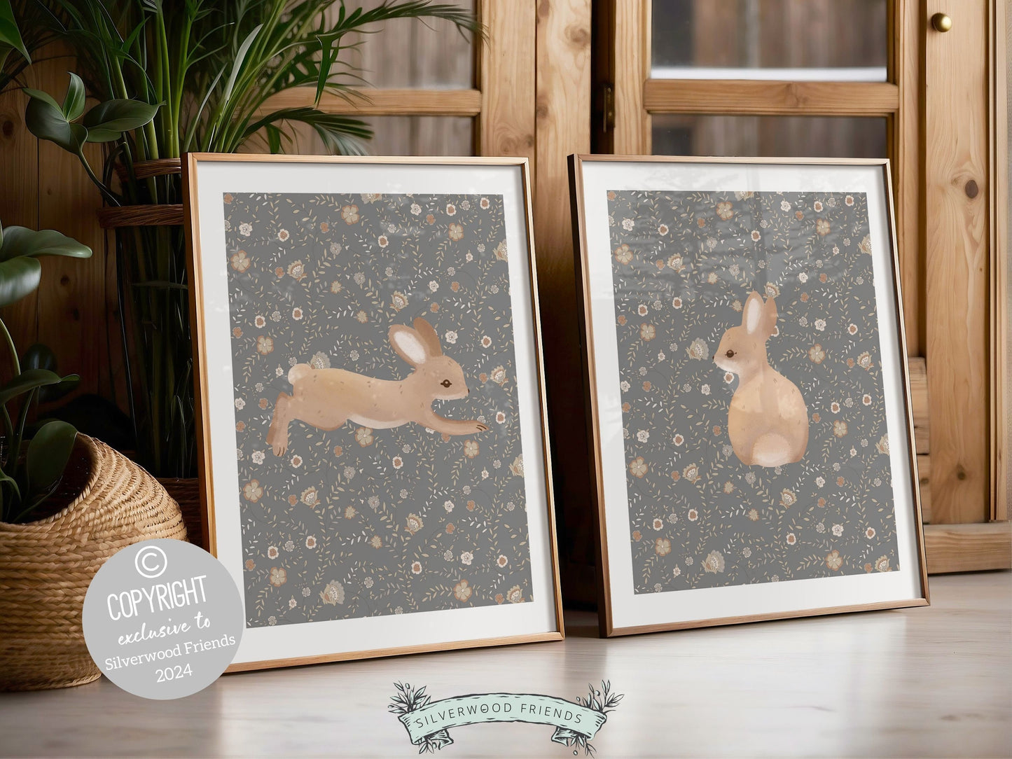 Our gorgeous Bunny Nursery Print Set of 2, showcasing adorable bunny rabbits on a neutral floral pattern is perfect for your woodland nursery or wildflower nursery decor and makes a unique gender neutral baby shower gift.