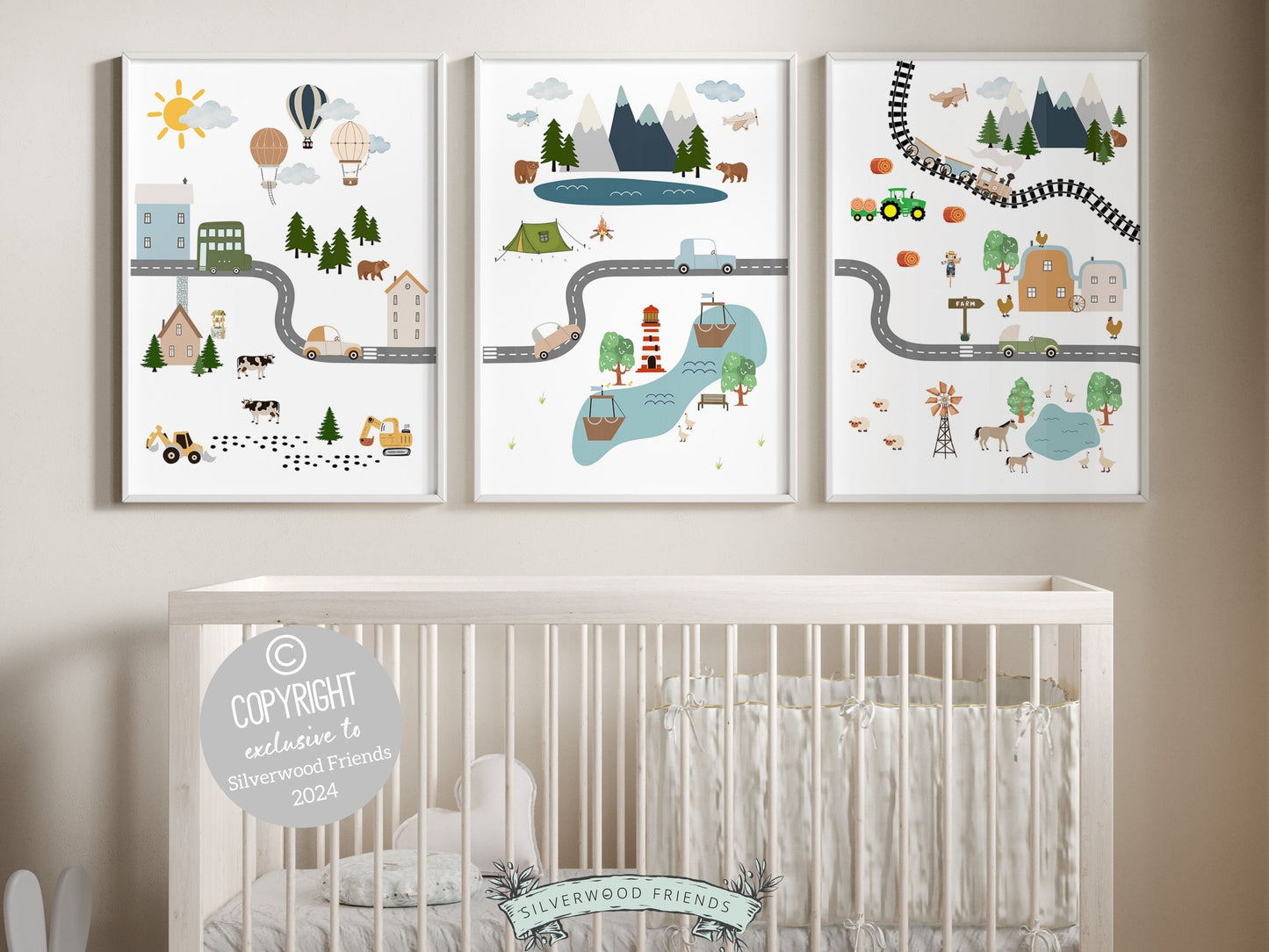 Set of 3 Car Nursery Prints where adorable farm animals, wild bears, tractors, and cars come together. Perfect for a transport themed haven or embracing the rustic charm of farmland, these prints promise an imaginative and enchanting adventure.