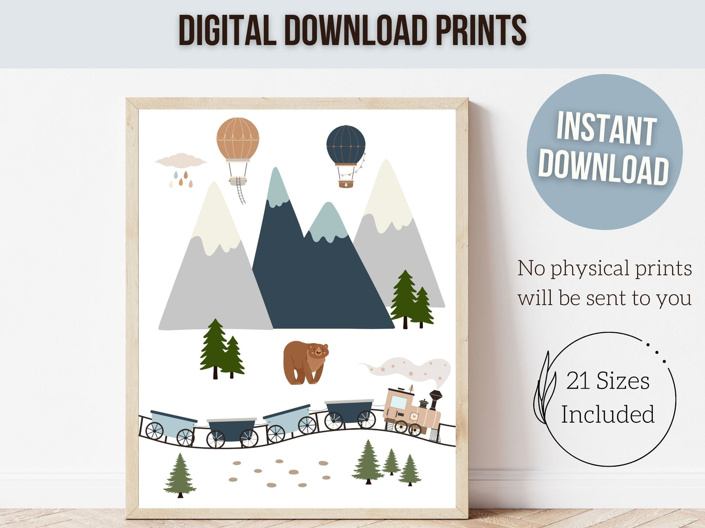 Boys Train Nursery Print, Transport Air Balloon Nursery Decor, Toddler Boy Adventure Room Wall Decor, Boys Train Rail Road Map Digital Print