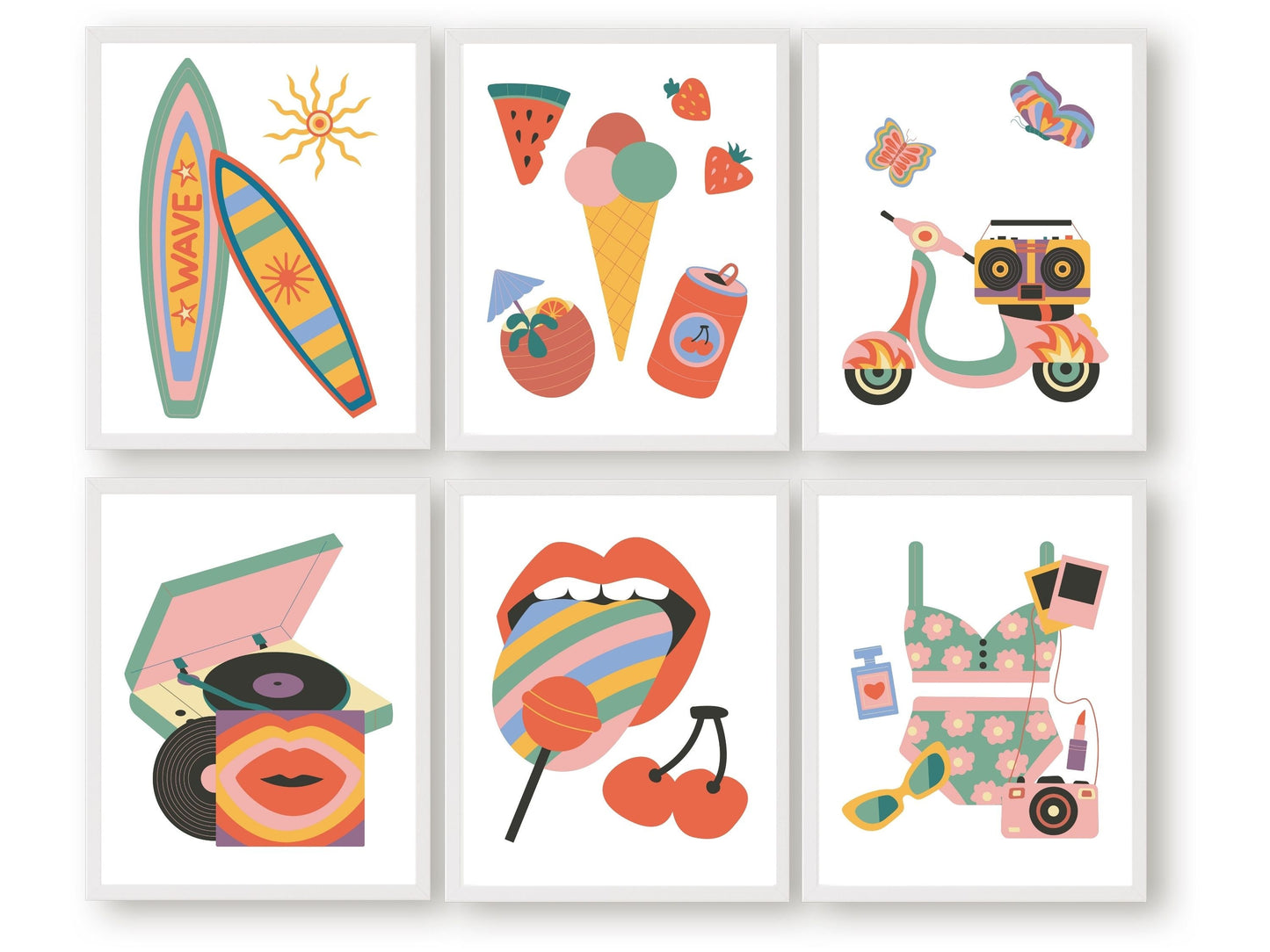 Set of 6 retro beachy prints featuring colorful surf icons like a retro record player, scooter, surfboards, and classic red lips and cherry. Perfect for trendy dorm room decor or a girly teen room.