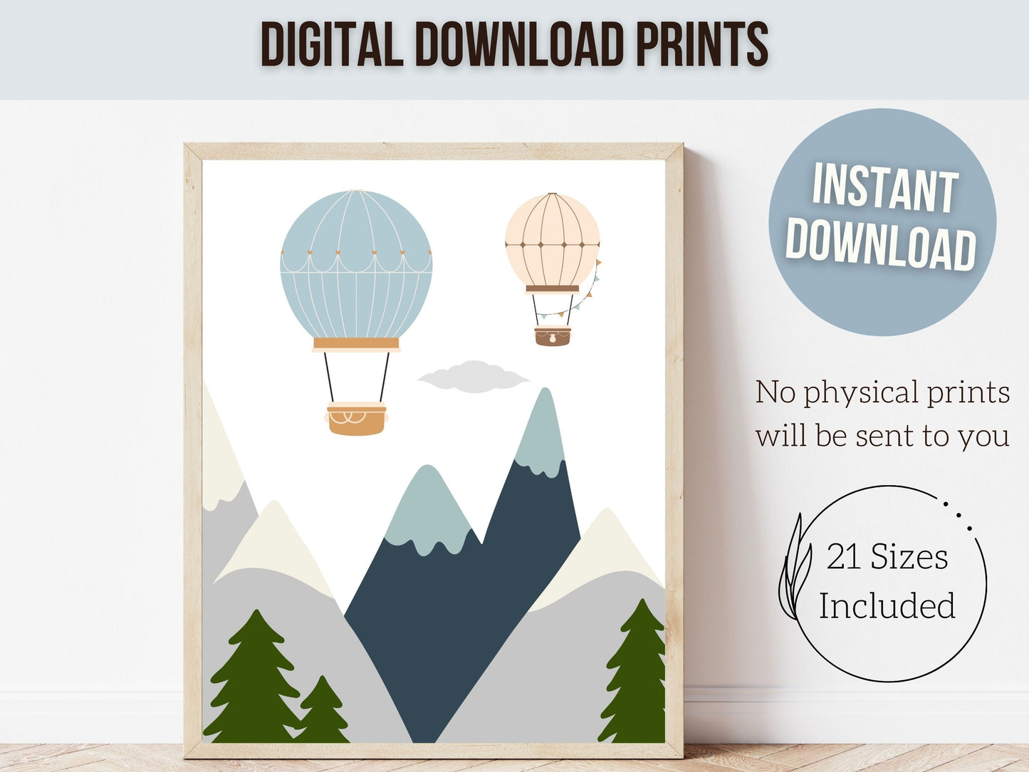 Hot Air Balloon Nursery Prints, Navy Blue Mountain Adventure Nursery Decor, Toddler Boys Transport Adventure Room Wall Decor Digital Prints