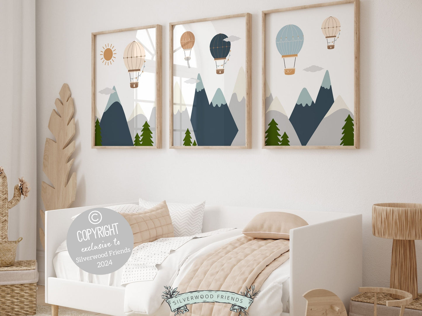 Hot Air Balloon Nursery Prints featuring charming balloons soaring above mountains and forests in soothing blue and beige tones. Perfect for transport-themed or adventure-inspired decor these prints also make a unique and thoughtful baby shower gift.