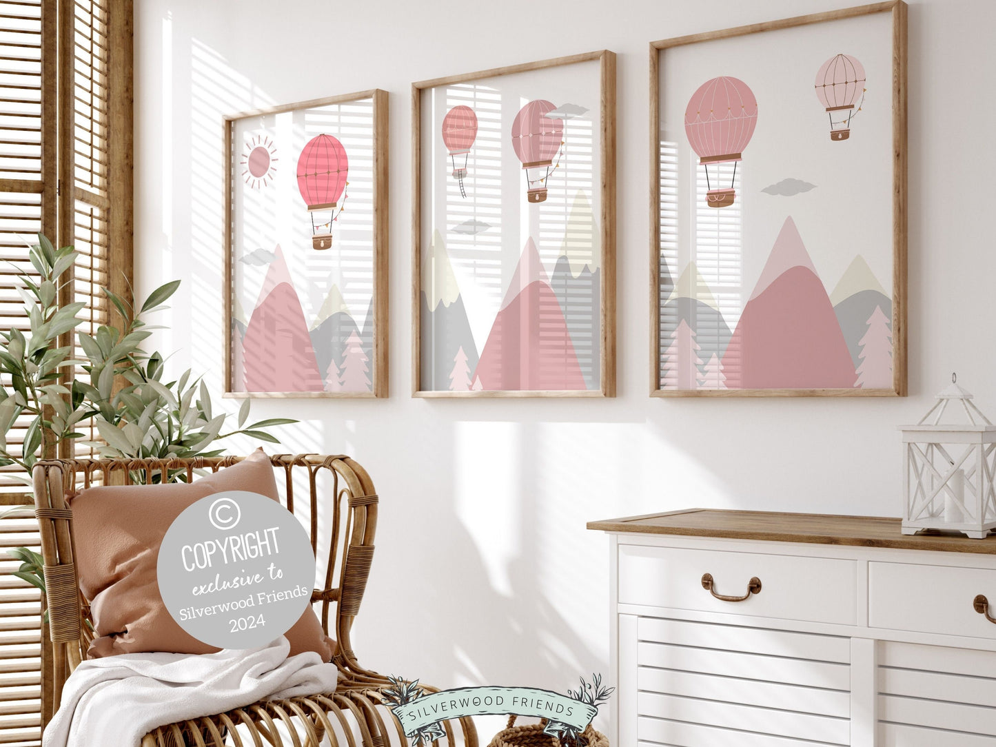 Pink Hot Air Balloon Nursery Prints, Baby Girl Blush Pink Air Balloon Nursery Decor, Adventure Room Wall Decor Girls Nursery Digital Prints