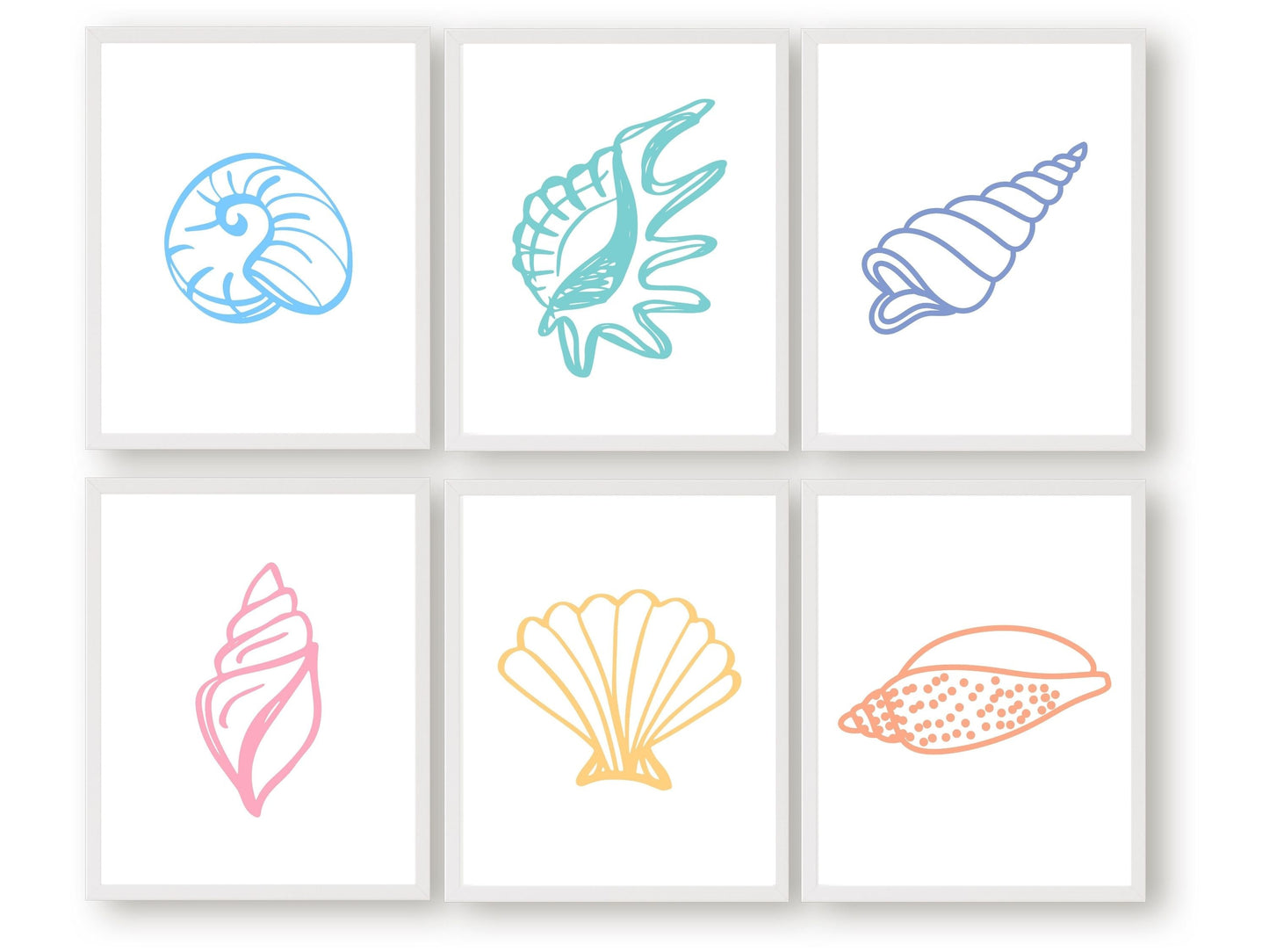 Seashell Coastal Prints, Beachy Wall Art, Pastel Ocean Nursery Print, Nautical Nursery Wall Art, Beach House Kids Room Decor Digital Prints