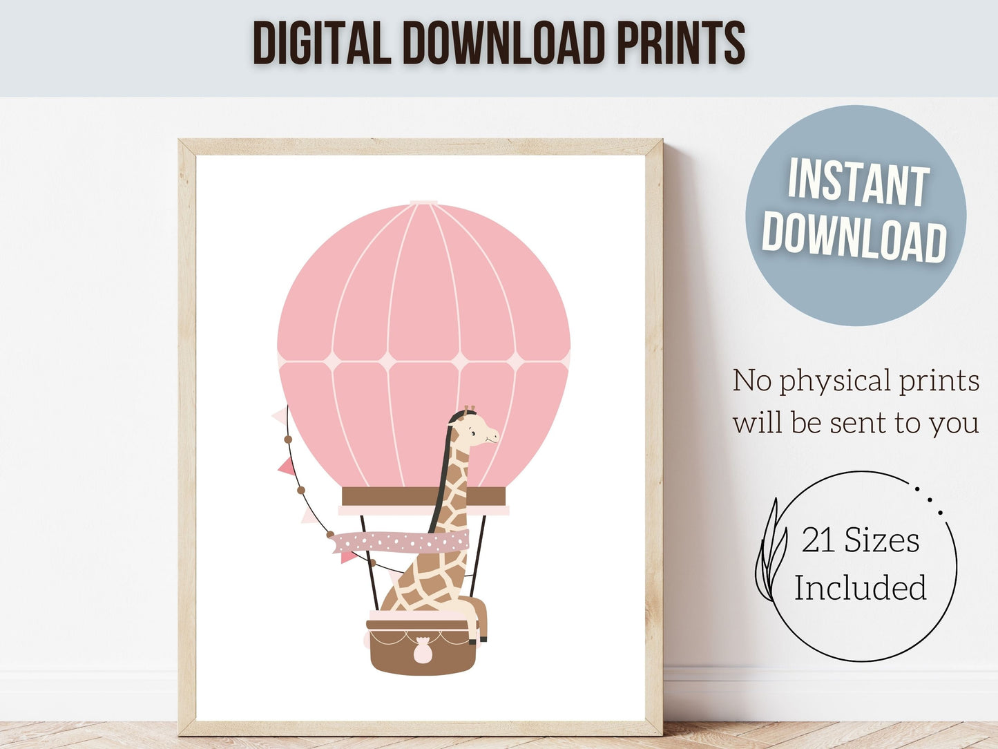 Blush Pink Hot Air Balloon Nursery Prints, Baby Girl Blush Pink Balloon Nursery Decor, Girls Woodland Safari Theme Room Decor Digital Prints