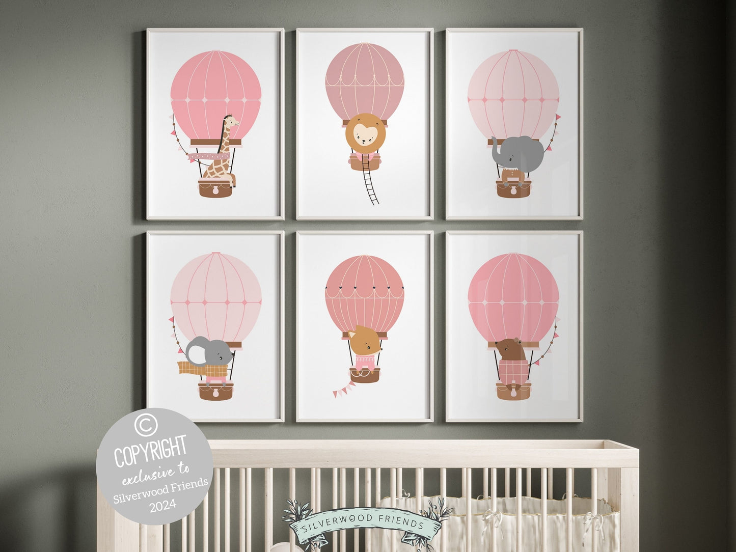Blush Pink Hot Air Balloon Nursery Prints, Baby Girl Blush Pink Balloon Nursery Decor, Girls Woodland Safari Theme Room Decor Digital Prints