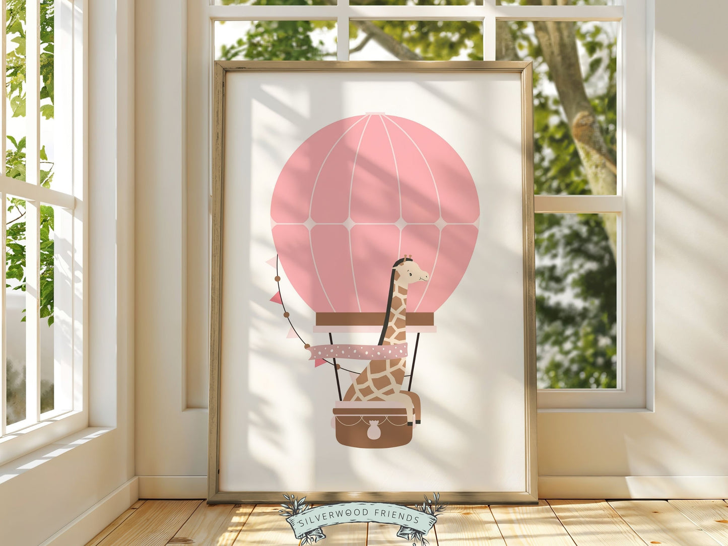Blush Pink Hot Air Balloon Nursery Prints, Baby Girl Blush Pink Balloon Nursery Decor, Girls Woodland Safari Theme Room Decor Digital Prints