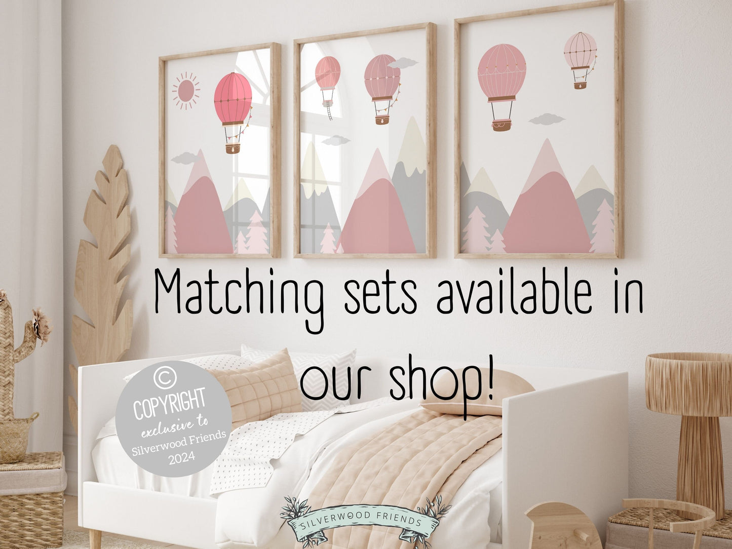 Blush Pink Hot Air Balloon Nursery Prints, Baby Girl Blush Pink Balloon Nursery Decor, Girls Woodland Safari Theme Room Decor Digital Prints
