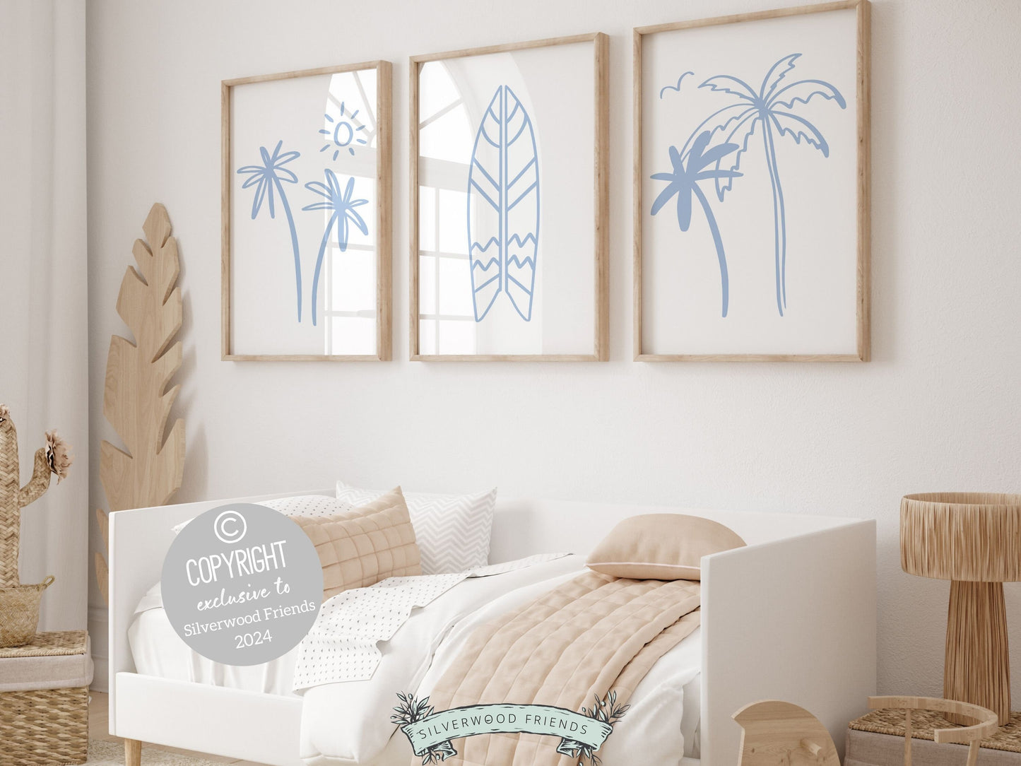 Set of 3 Surfboard Palm Tree Prints featuring minimalist blue beachy designs, ideal for your beach house or kids surfing room wall decor. Our charming prints also make a thoughtful and unique beachy baby shower gift.