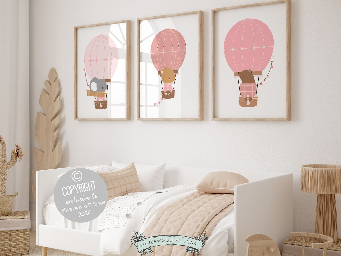 Blush Pink Hot Air Balloon Nursery Prints, Baby Girl Blush Pink Balloon Nursery Decor, Girls Woodland Animal Theme Room Decor Digital Prints