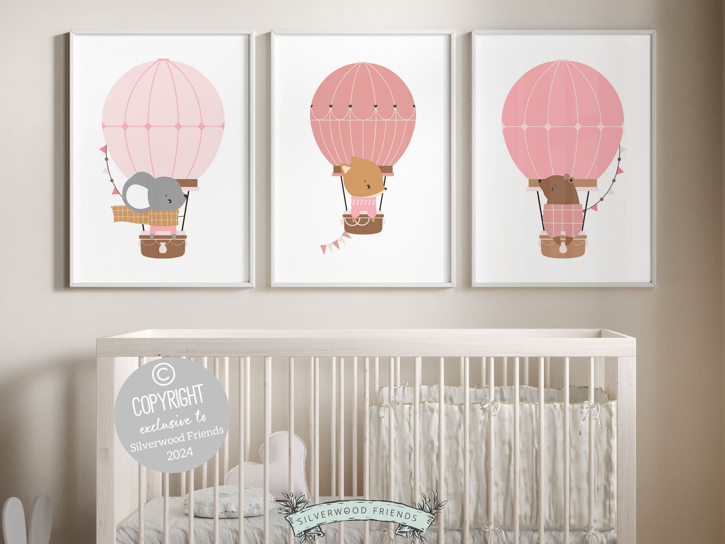 Hot Air Balloon Nursery Prints, featuring charming woodland animals mouse, bear and fox in hot air balloons in soothing blush pink tones. Perfect for your baby girls adventure nursery and also as a unique and thoughtful baby shower gift.