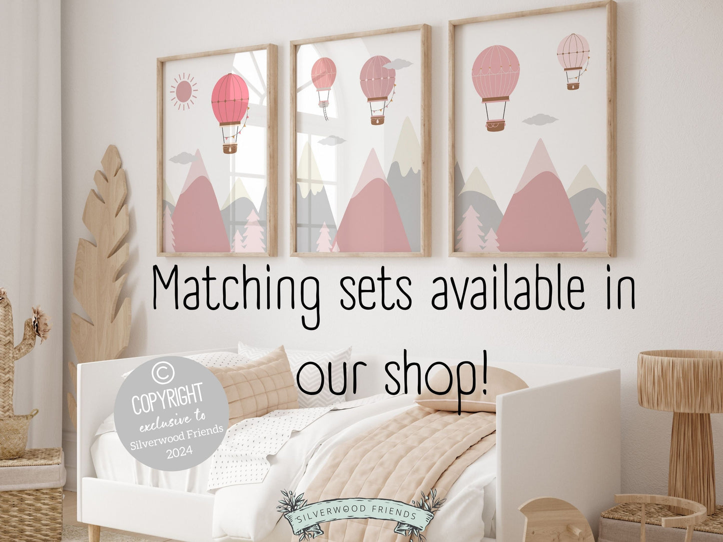 Blush Pink Hot Air Balloon Nursery Prints, Baby Girl Blush Pink Balloon Nursery Decor, Girls Woodland Animal Theme Room Decor Digital Prints