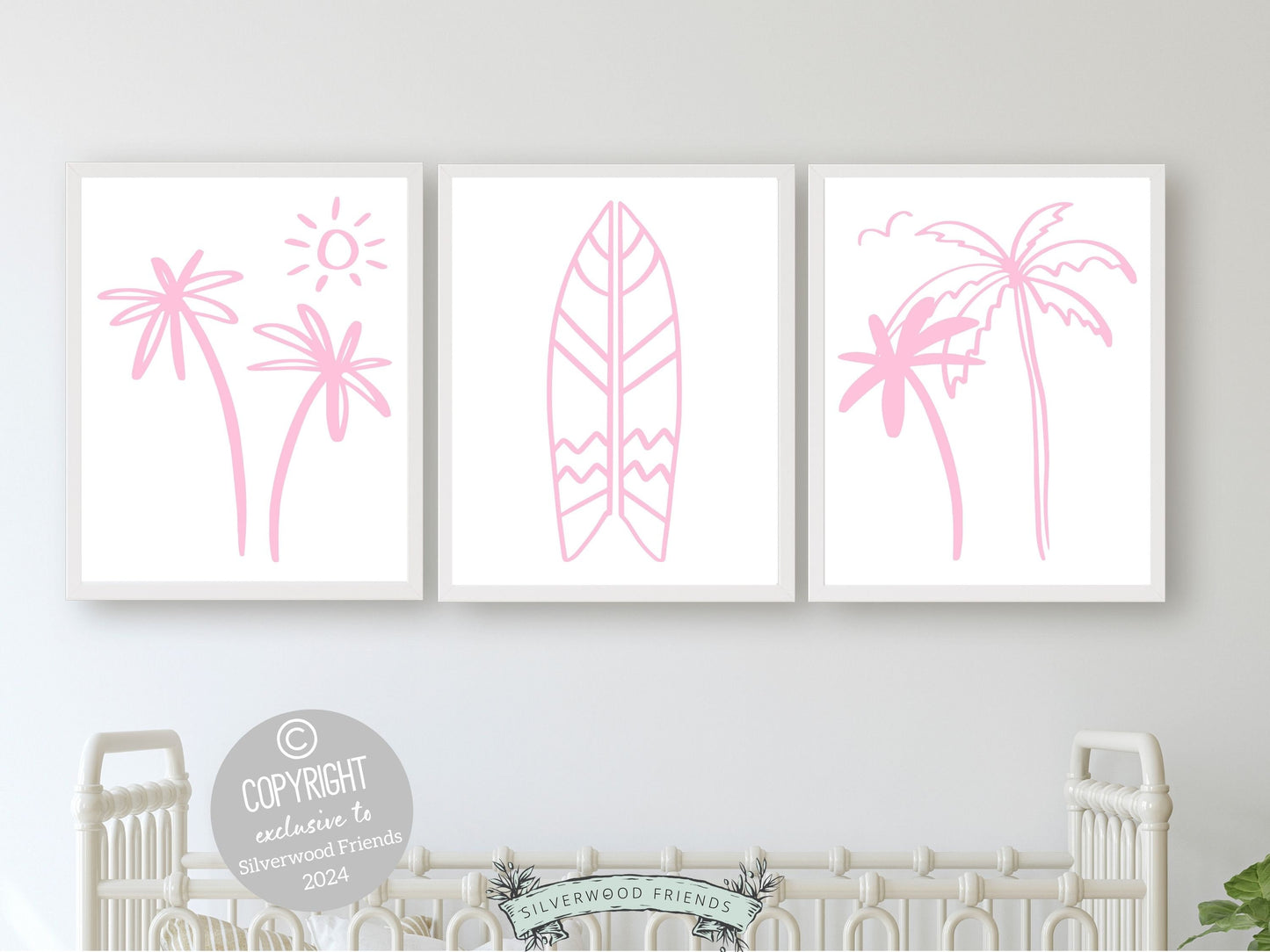 Pink Surfboard Palm Tree Print, Beachy Surfboard Wall Art, Girls Surf Nursery Wall Art, Girly Beach House Surfing Room Decor Digital Print