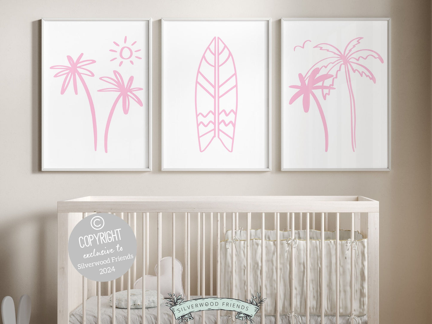 Pink Surfboard Palm Tree Print, Beachy Surfboard Wall Art, Girls Surf Nursery Wall Art, Girly Beach House Surfing Room Decor Digital Print