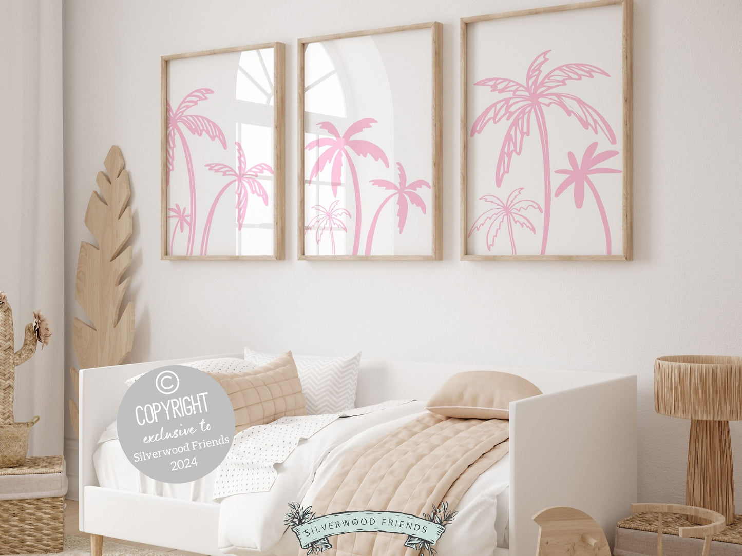 Set of 3 Palm Tree Prints featuring minimalist pink palm trees, ideal for your beach house or girls coastal room wall decor. Our charming prints also make a thoughtful and unique beachy baby shower gift, adding a serene coastal touch to any space.