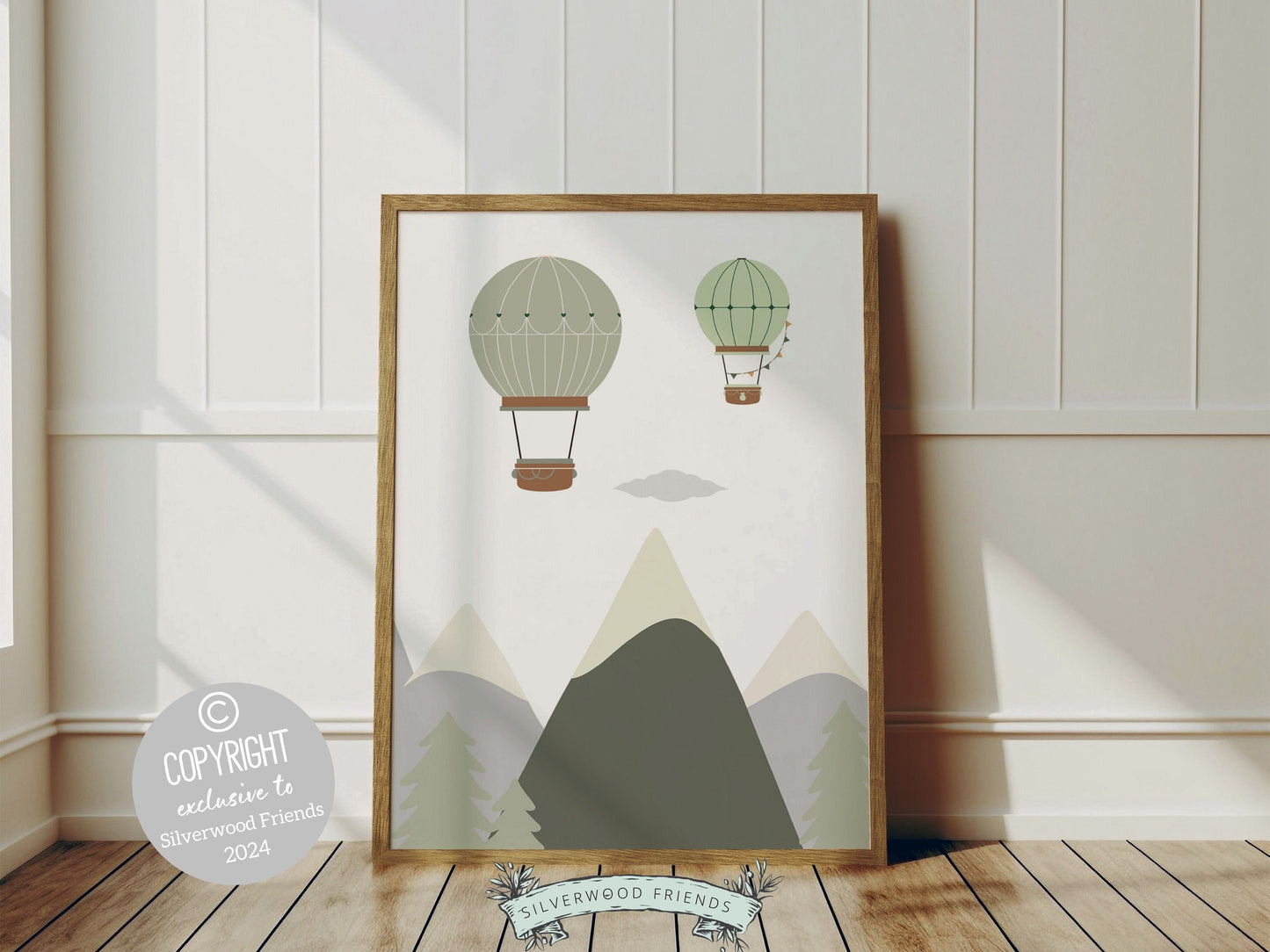 Green Hot Air Balloon Nursery Prints, Green Mountain Adventure Nursery Decor, Toddler Boys Transport Adventure Room Wall Decor Digital Print