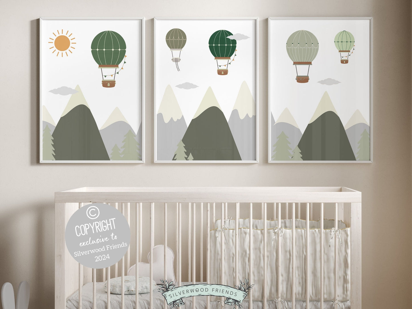 Green Hot Air Balloon Nursery Prints, Green Mountain Adventure Nursery Decor, Toddler Boys Transport Adventure Room Wall Decor Digital Print