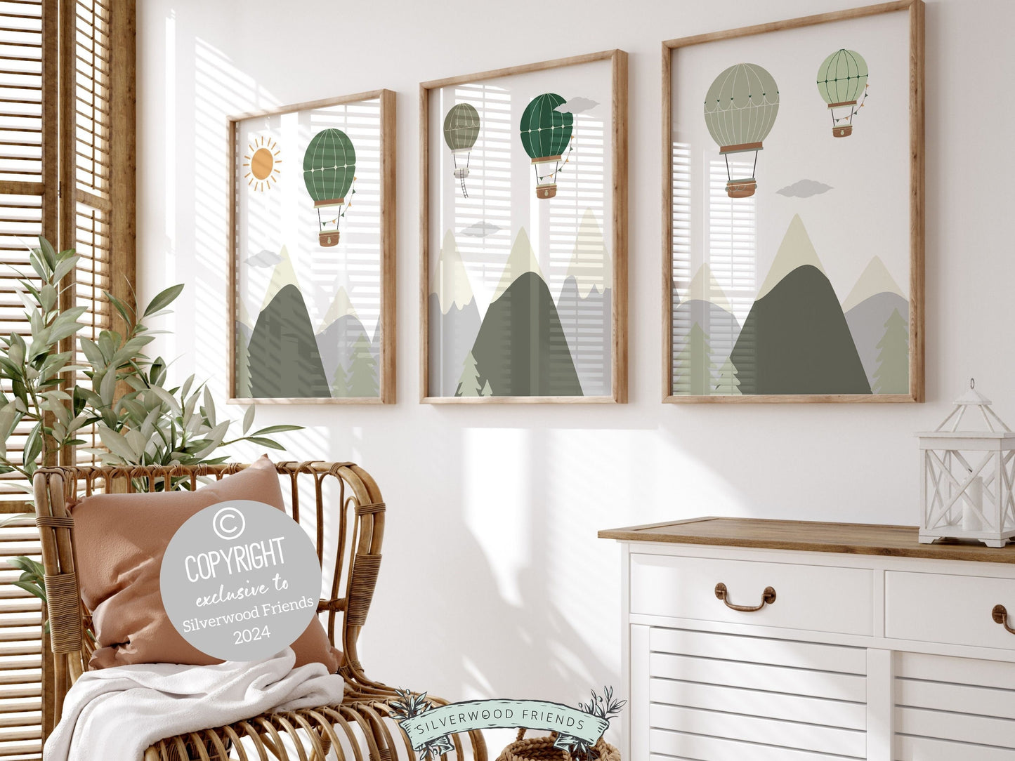Green Hot Air Balloon Nursery Prints, Green Mountain Adventure Nursery Decor, Toddler Boys Transport Adventure Room Wall Decor Digital Print
